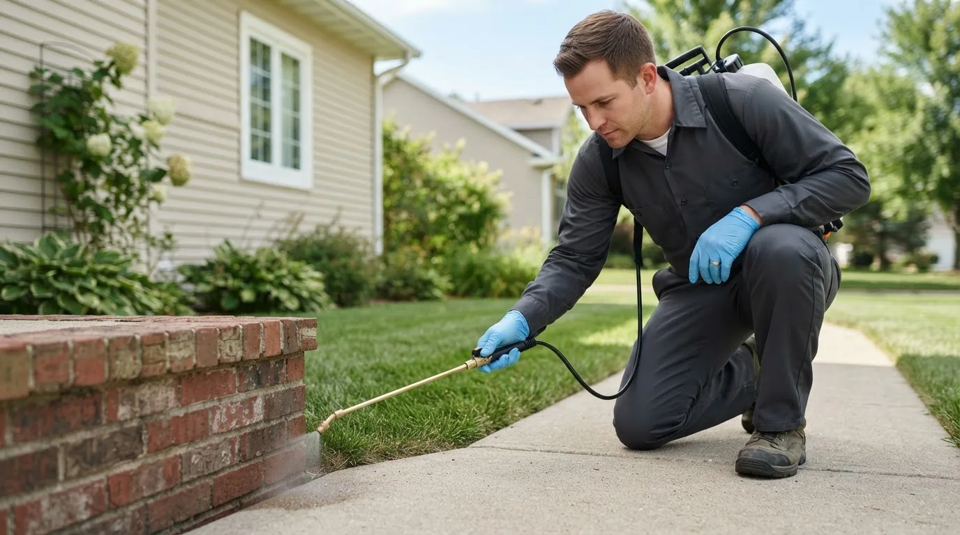 Pest control technician treating a home near Dublin, OH
