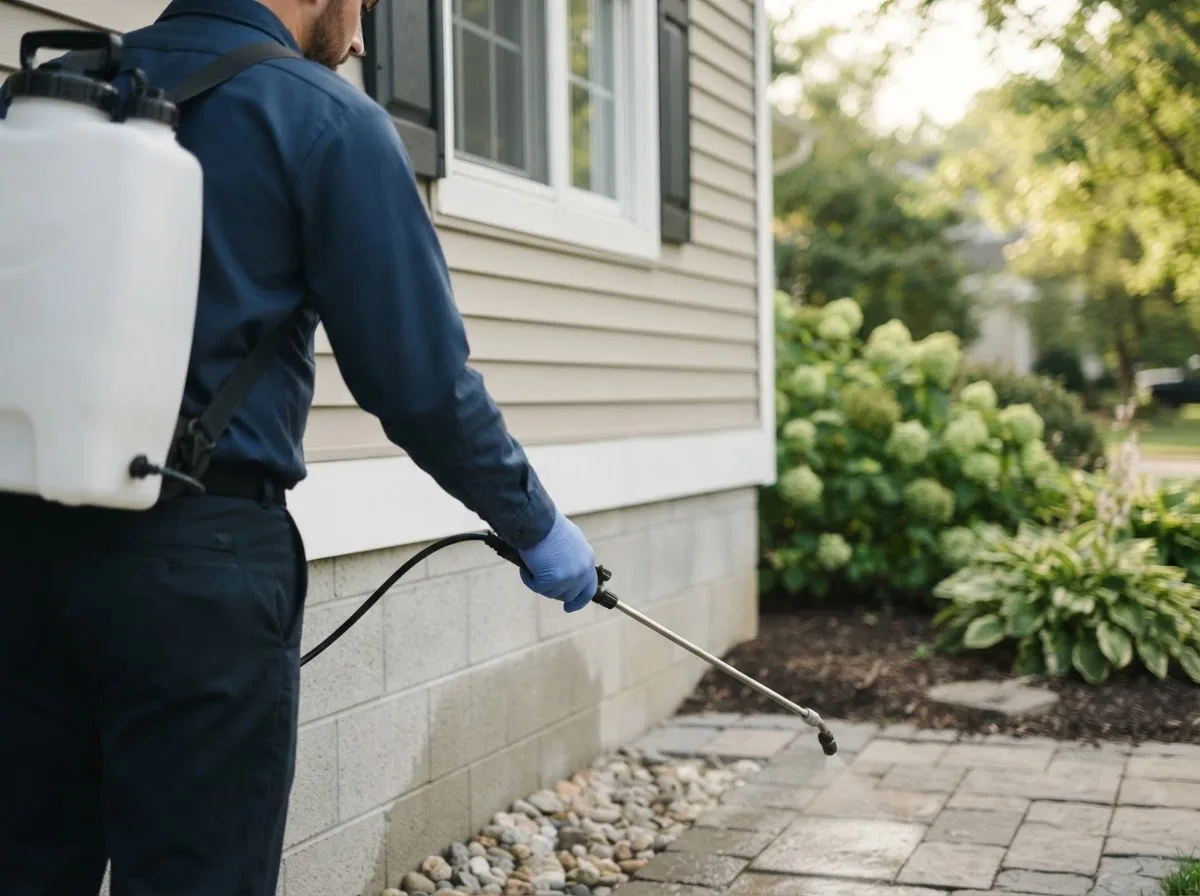 Pest control technician inspecting a home in Dublin, OH